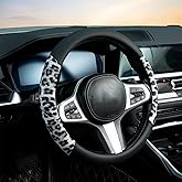 White Leopard Steering Wheel Cover Auto Leather Steering Wheel Protector, Anti-Slip, Breathable, Absorbing Sweat, Universal Leopard Car Accessories 14.5–15 inch,Fit for Most Car, Trucks, SUV