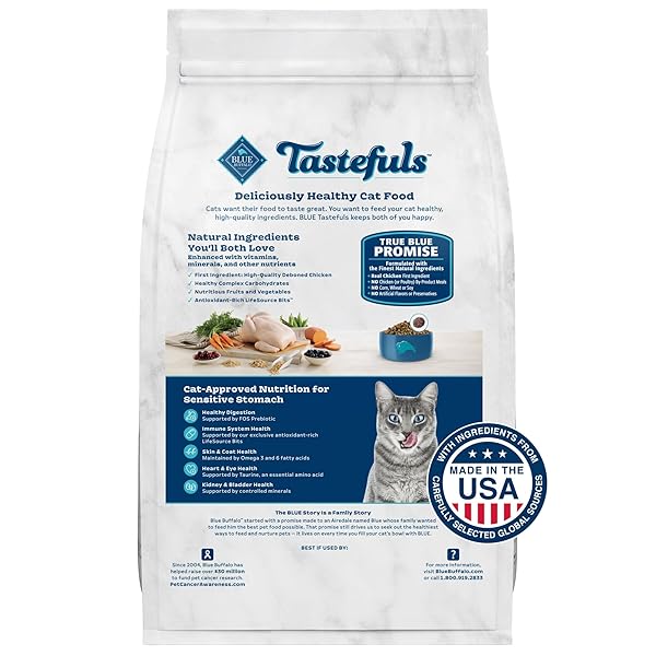 BLUE BUFFALO TASTEFULS NATURAL DRY FOOD FOR ADULT CATS, SENSITIVE STOMACH, CHICKEN & BROWN RICE RECIPE, 3-LB. BAG