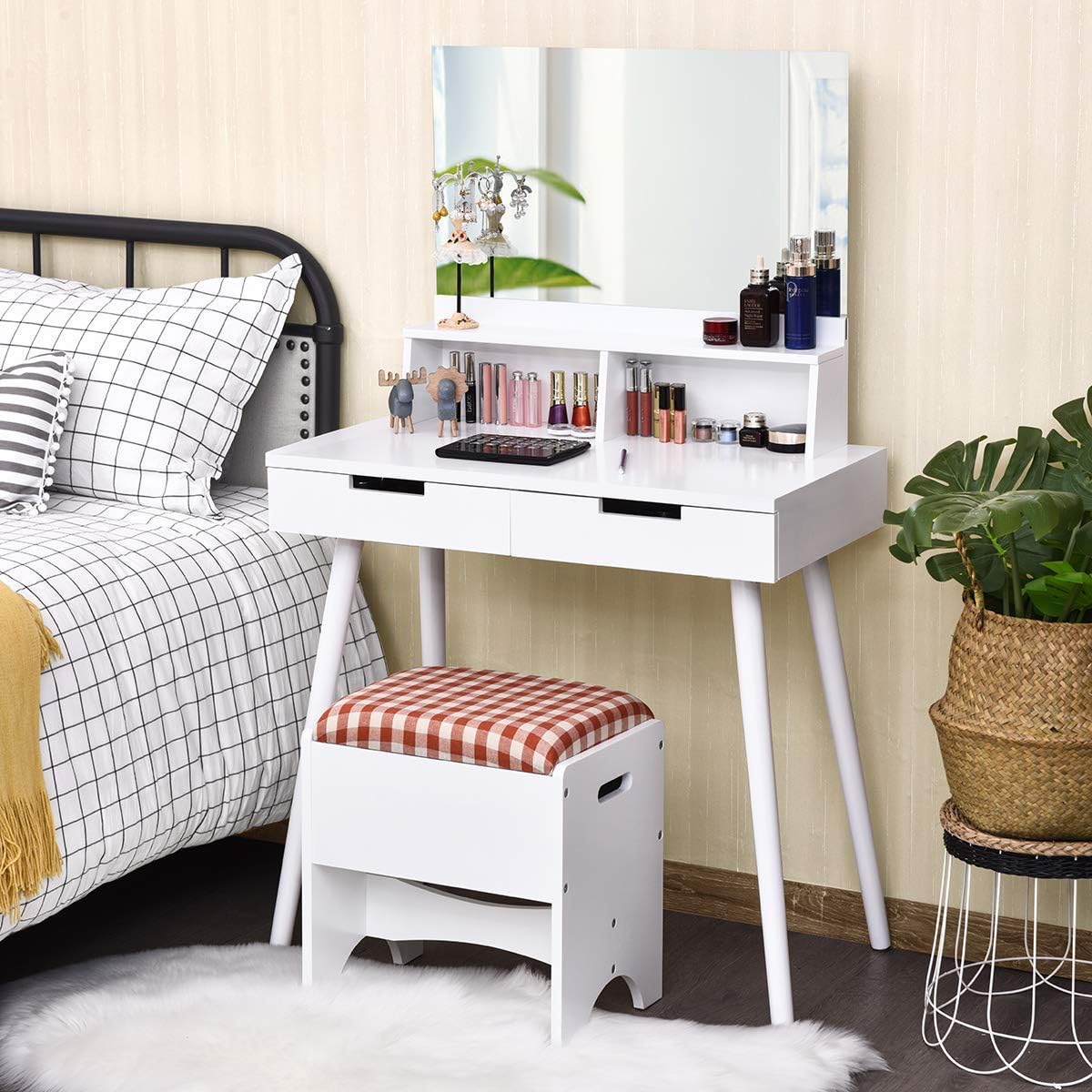 CHARMAID Vanity Set with Large Mirror and Cushioned Storgae Stool, Makeup Dressing Table Set with 2 Drawers and Storage Compartments, Modern Bedroom Bathroom Vanity Dressing Set Writing Desk for Girls