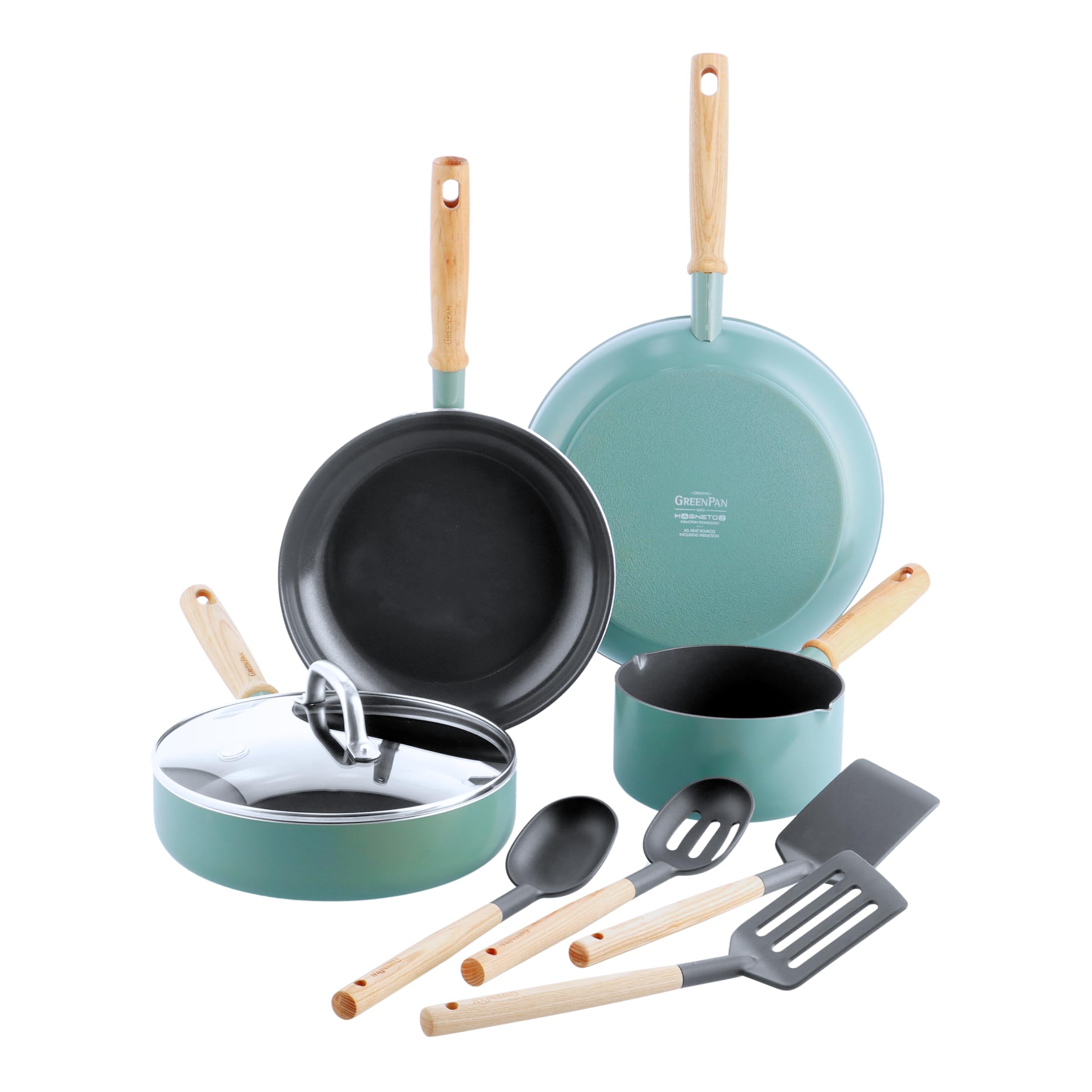 GreenPan Mayflower Healthy Ceramic Non-Stick 9-Piece Cookware Pots and Pans Set, Vintage Wood Handle, PFAS-Free, Induction, Smoky Blue, Blue