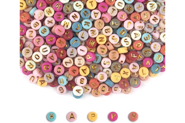 SUTOUG 1000PCS Colourful Letter Beads for Threading, 4 x 7 MM Acrylic Round Beads for Jewellery DIY Making Crafts Bracelets Necklaces Ornaments-Gold