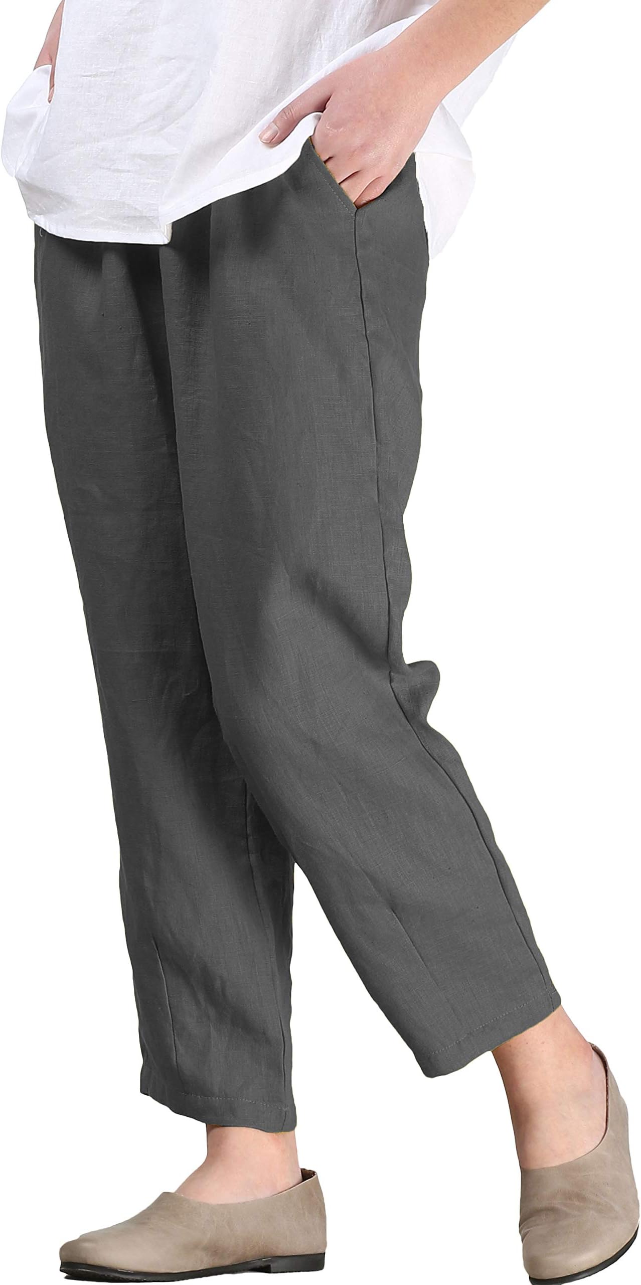 Women's Linen Ankle Pants Capris Cropped Tapered Trousers with Pockets
