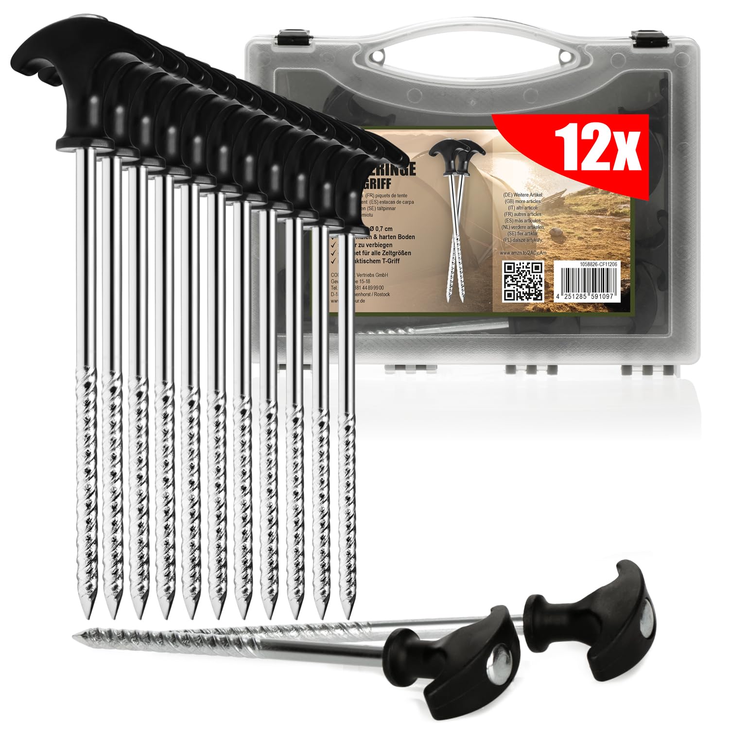 COM-FOUR® 12x tent pegs made of steel - robust ground pegs with thread in transport box for camping and outdoors - ideal for normal and hard ground with T-handle
