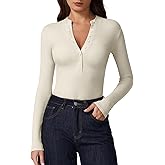 QINSEN Button Down Shirts for Women V Neck Long Sleeve Ribbed Knit Slim Fit Basic Tee Tops