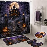 POWEROSE 4 Pcs Halloween Shower Curtain Set, Halloween Bathroom Decor Gifts | Haunted House Pumpkin Lanterns Full Moon, 12 Hooks, Shower Curtain, Non-Slip Carpet, Toilet Seat Cover, Bath Mat 72x72 In