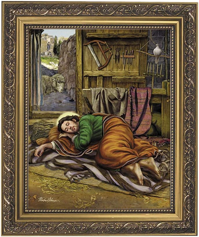 Elysian Gift Shop Sleeping Saint Joseph 8" x 10" Catholic Framed Art Print-Wall Plaque- in Ornate Gold Finish Frame. (Includes Prayer to St Joseph Holy Card)
