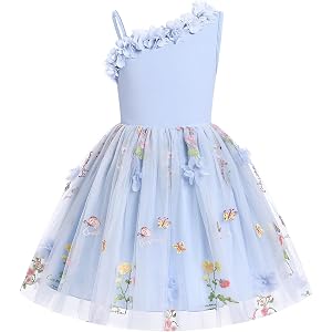 IDOPIP Toddler Baby Girls Birthday Dress Summer One Shoulder Floral Embroidery Tulle Tutu Weeding Party Dress 2-7 Years