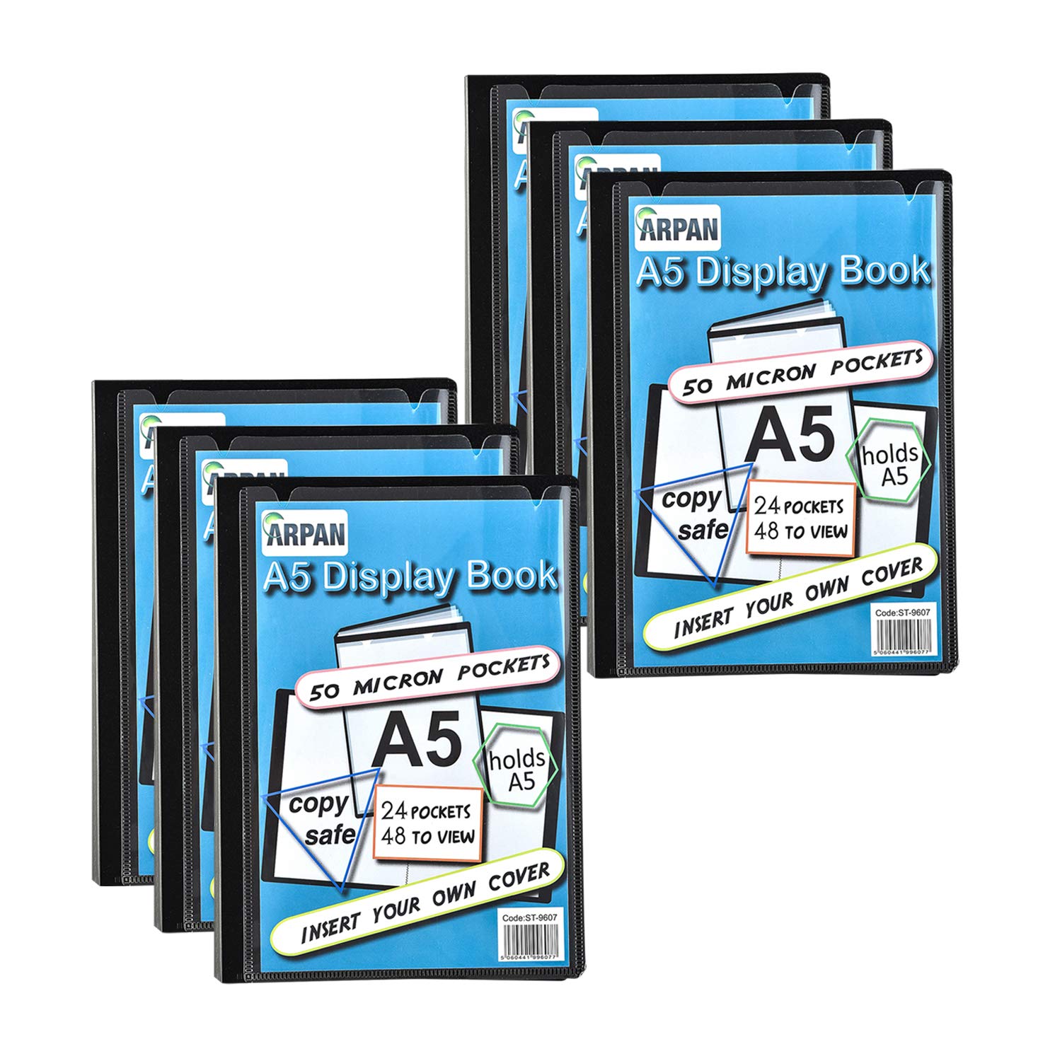 Display Book - 24 Pockets Black Presentation A5 Display Book Folder Folio for Professionals, Business, Students, Projects, School, College & Personal Use by Arpan (Pack of 6)