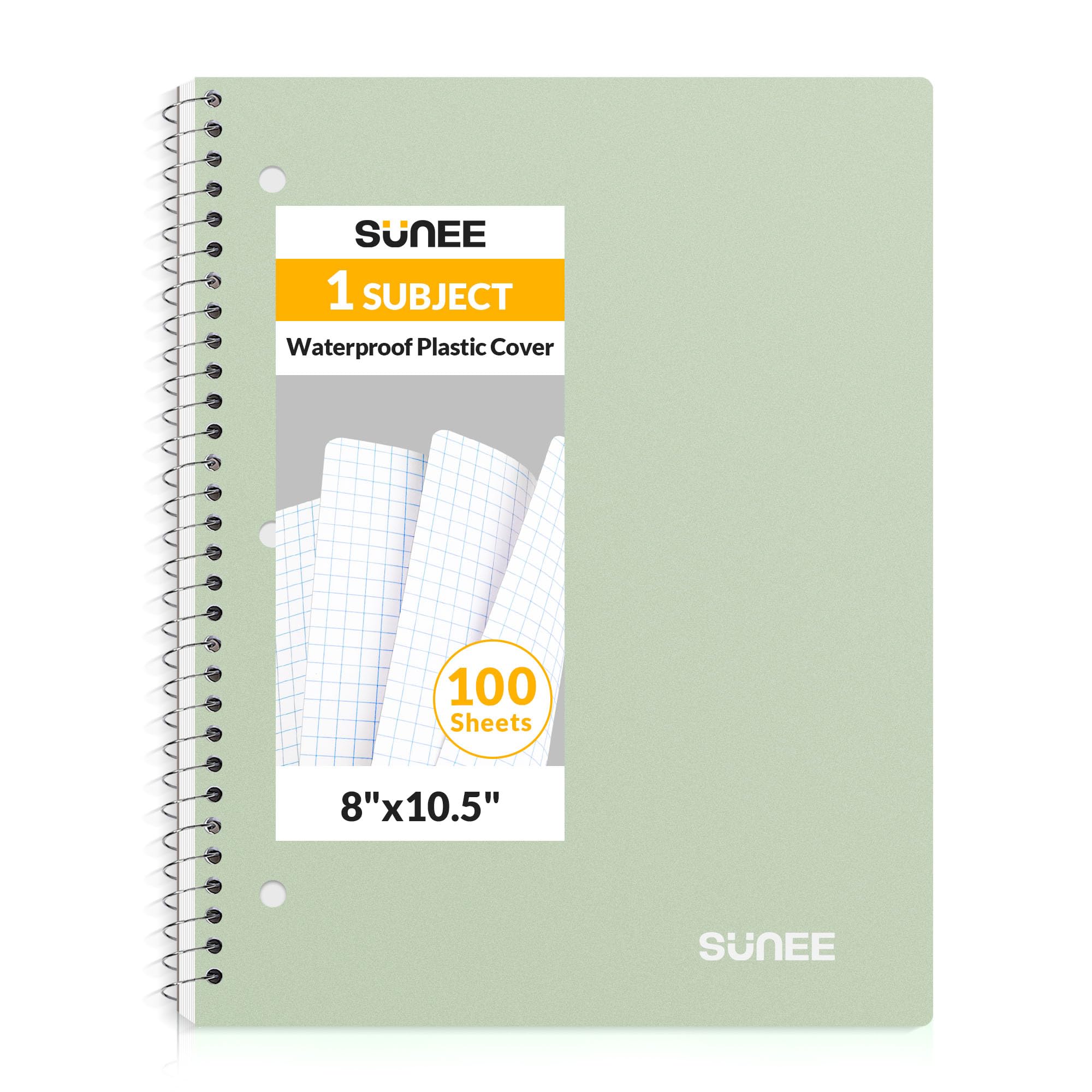 Photo 1 of SUNEE Spiral Notebook, 1-Subject, Graph Ruled Paper, 8" x 10-1/2", 100 Sheets per Notebook, 3-Hole Punched Paper, Water Resistant Cover, Spiral Grid Notebooks for Work, Home, School, Writing, Green