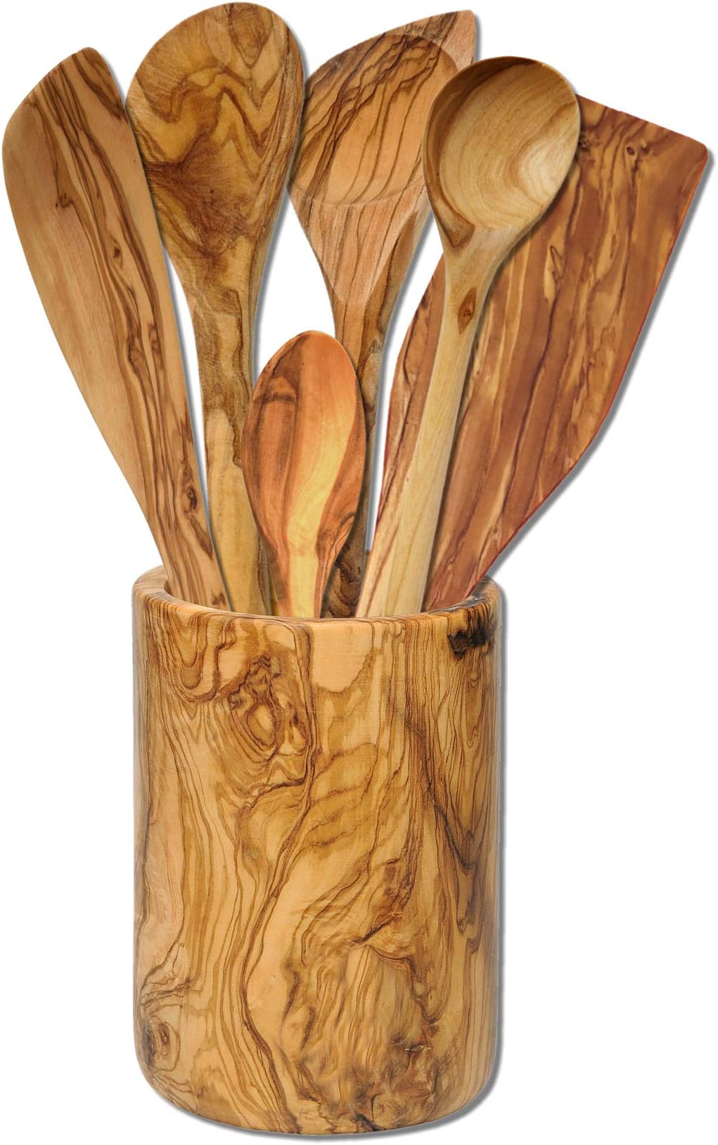 Elegant Decorative Utensil Pot with 6 Wooden Spoons/Spatulas - Olive Wood