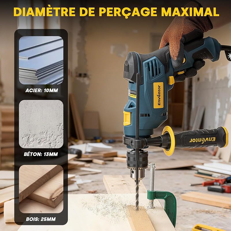 Perceuse à Percussion Filaire 750W, poignée pivotante à 360°