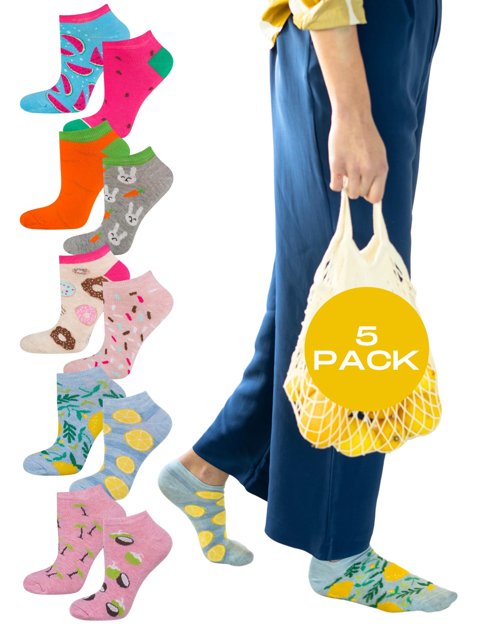soxo Ladies Ankle Socks Trainer Socks Women Cotton Funny Gift Fun Multipack Cosy 2.5-6.5 Food 5 Pairs