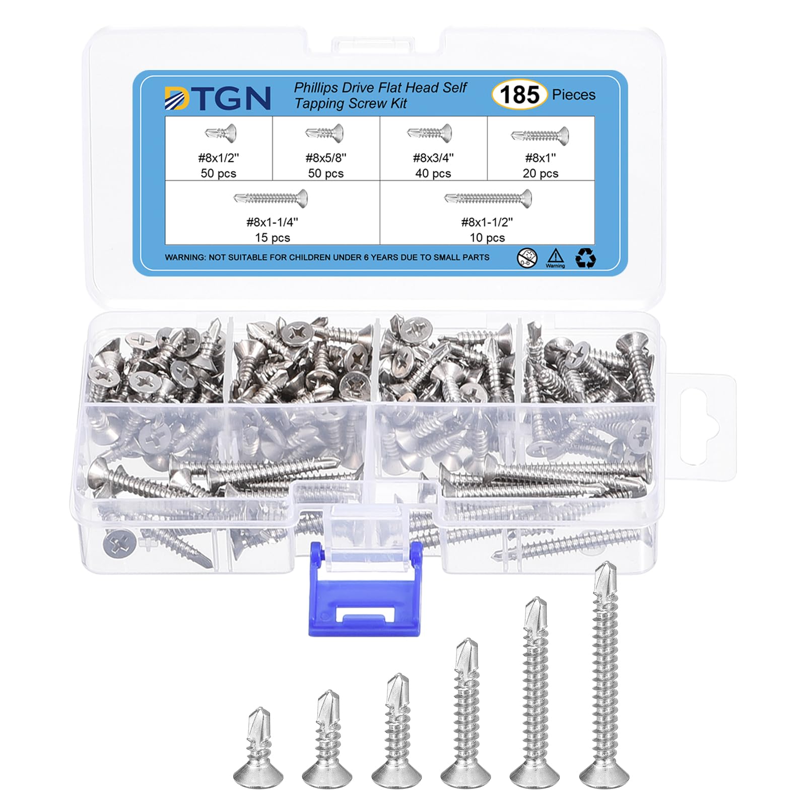 DTGN 185Pcs Wood Screws Assortment Kit - 6 Sizes 410 Stainless Steel #8x1/2" - #8x1-1/2" Phillips Flat Head Self Tapping Screws