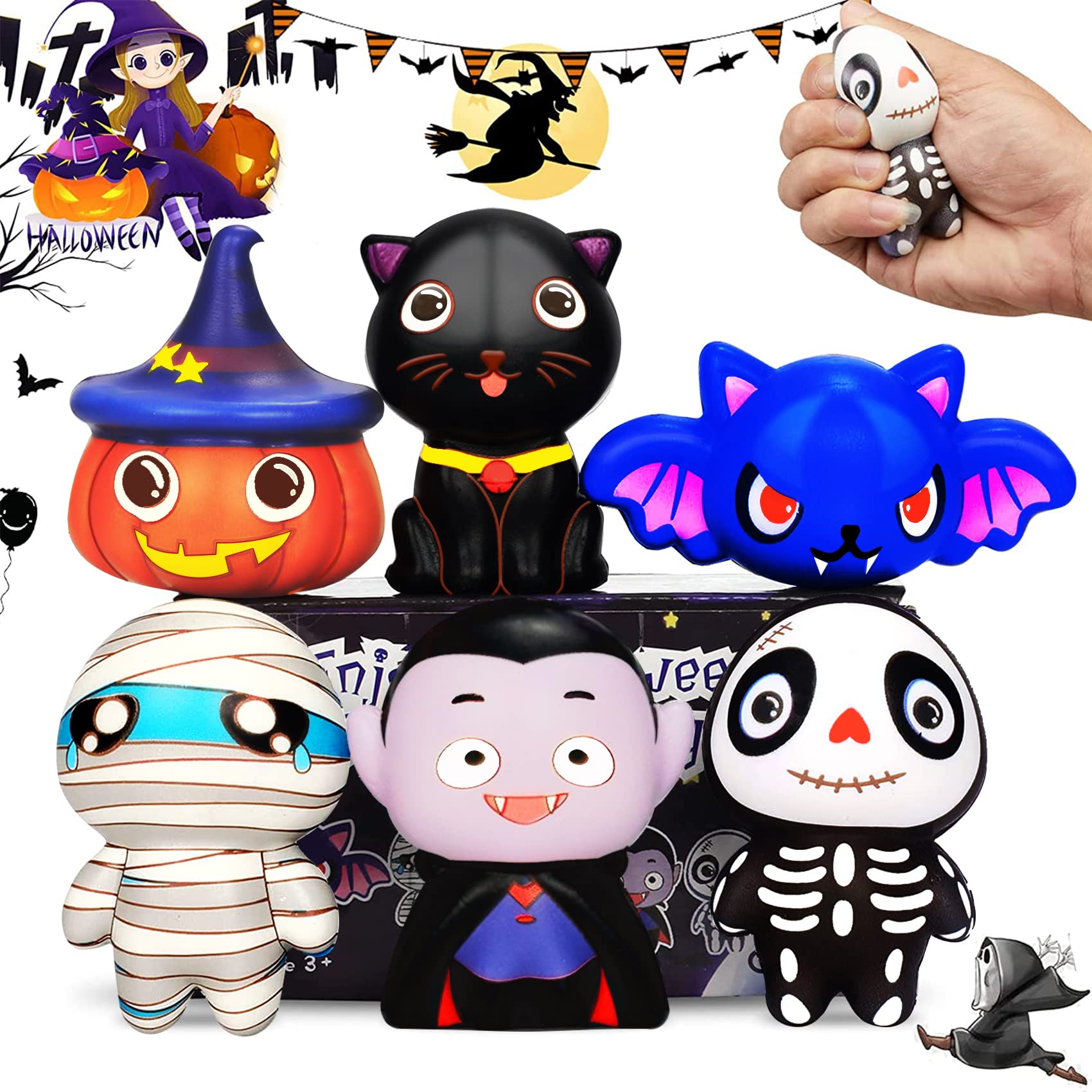 Photo 1 of ?New? 6 Packs Halloween Squishies Toys, Slow Rising Squishies Toys- Pumpkin, Vampire,Black Cat,Mummy,Human Skeleton, Bat, Party Favors, Goodie Bag, Super Soft Squeeze Kawaii for Girls Boys, Kids