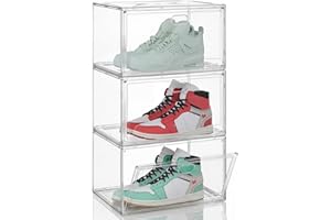 SONGMICS Stackable Shoe Boxes, Transparent Plastic Shoe Storage Organizer with Magnetic Doors, for Max. US Size 12, Set of 3 