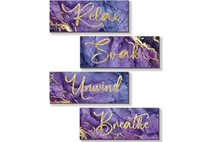 ONIZHITY 4 Pcs Purple and Gold Bathroom Decor Purple Gold Wall Decor Relax Soak Unwind Breathe Wooden Rustic Marble Style Bathroom Accessories for Bedroom Living Room Decor (Purple Gold 10X4)