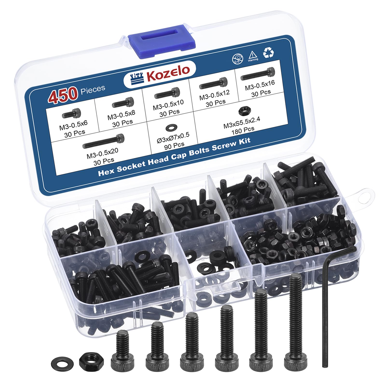 Kozelo 450pcs M3 Socket Head Cap Screws Bolts Nuts Assortment Kit - [M3x6/8/10/12/16/20mm] Alloy Steel Fully Threaded Black Oxide 12.9 Internal Hex Screw for 3D Printer Use, with Wrench — image 1