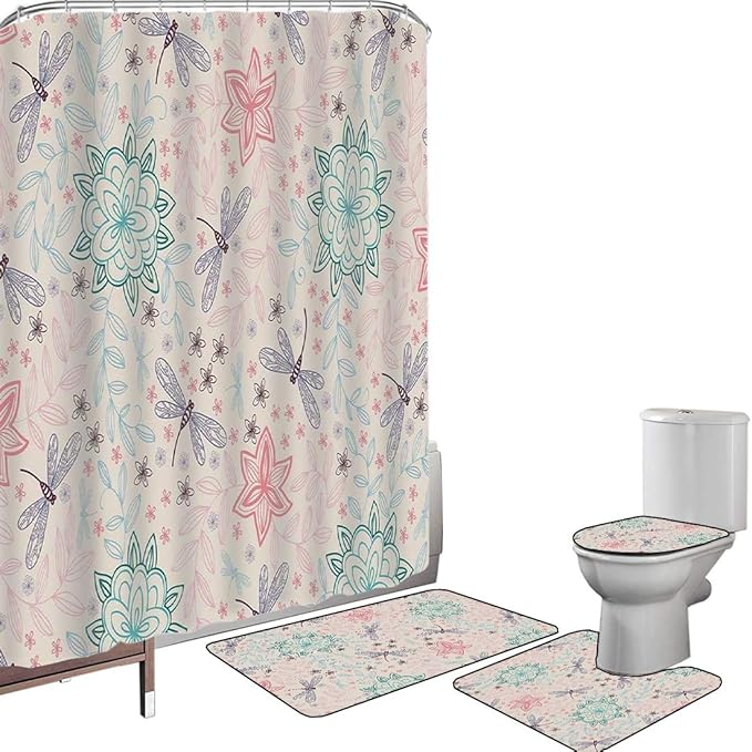 Duschvorhang Set Badezimmerzubehör Teppich Libelle Badematte Contour
