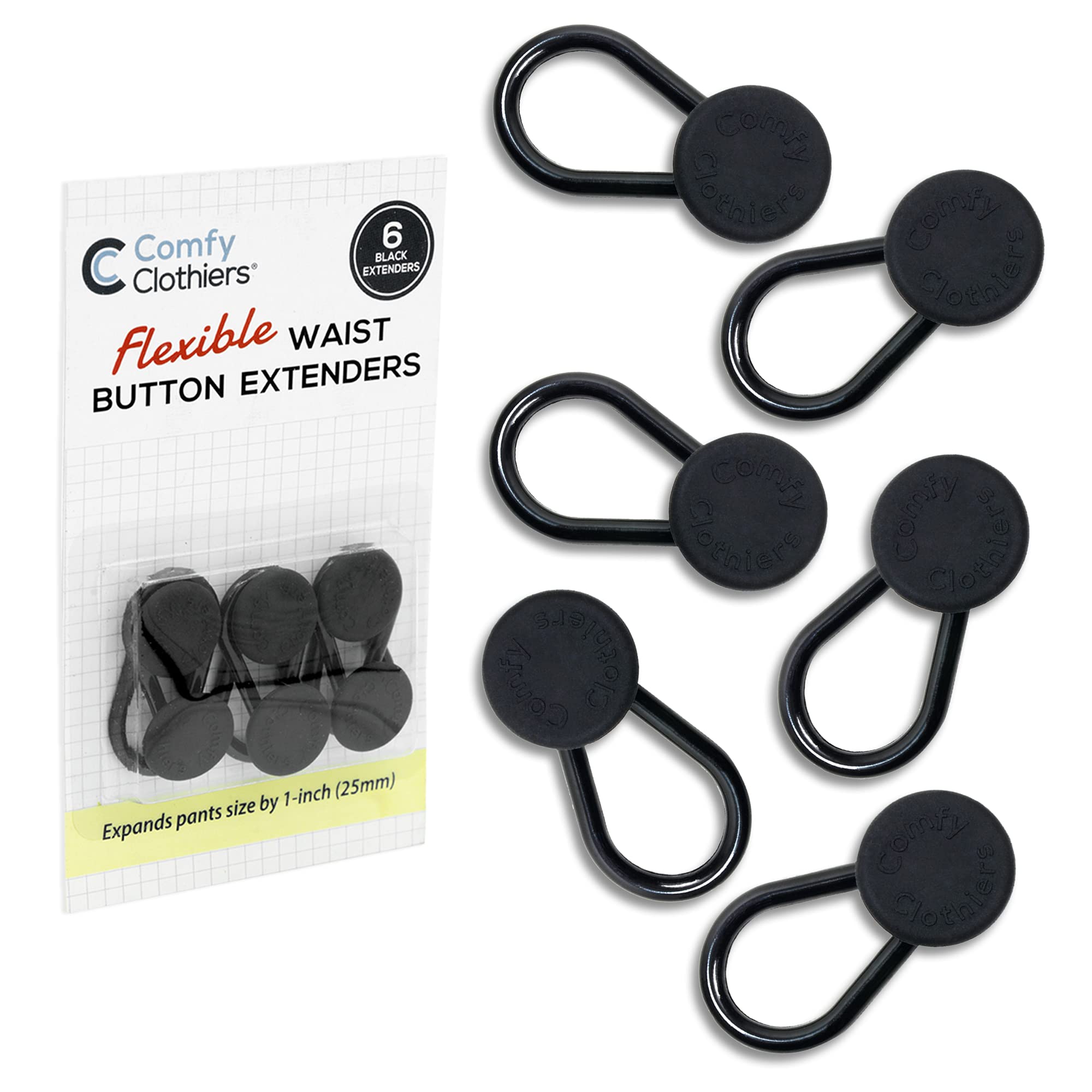 Comfy Clothiers Unisex Flexible Button Waist Extenders (6-Pack, Black) - Adds 1-2 Inches to Pants Waistline - Jeans, Dress Pants, Shorts, Skirts - No Sewing Required - Net Focus