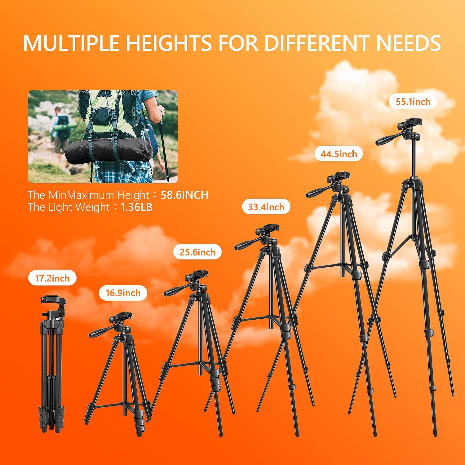 Tripod for Camera, 55 Inch Lightweight Tripod for Phone with 2 in 1 Holder for Tablet and Cellphone Aluminum Alloy 3-Way Head Tripod for DLSR Camera with Carrying Bag and Bluetooth Remote Control : Camera & Photo