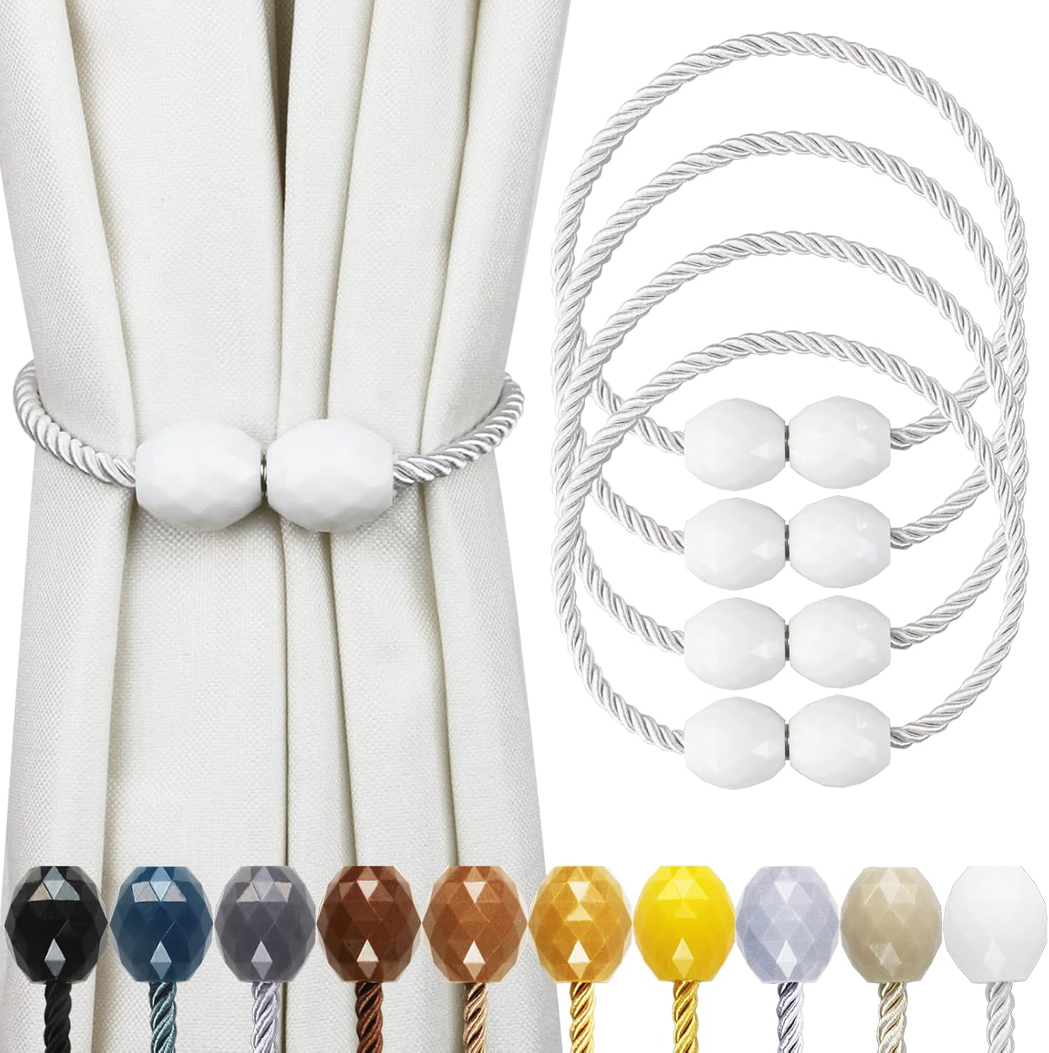 Window Treatment Hardware - Porlau Strong Magnetic Curtain Tiebacks White 4 Pack Decorative Tie Backs Outdoor Curtain Rope Tiebacks Elegant Curtain Holdbacks for Drapes