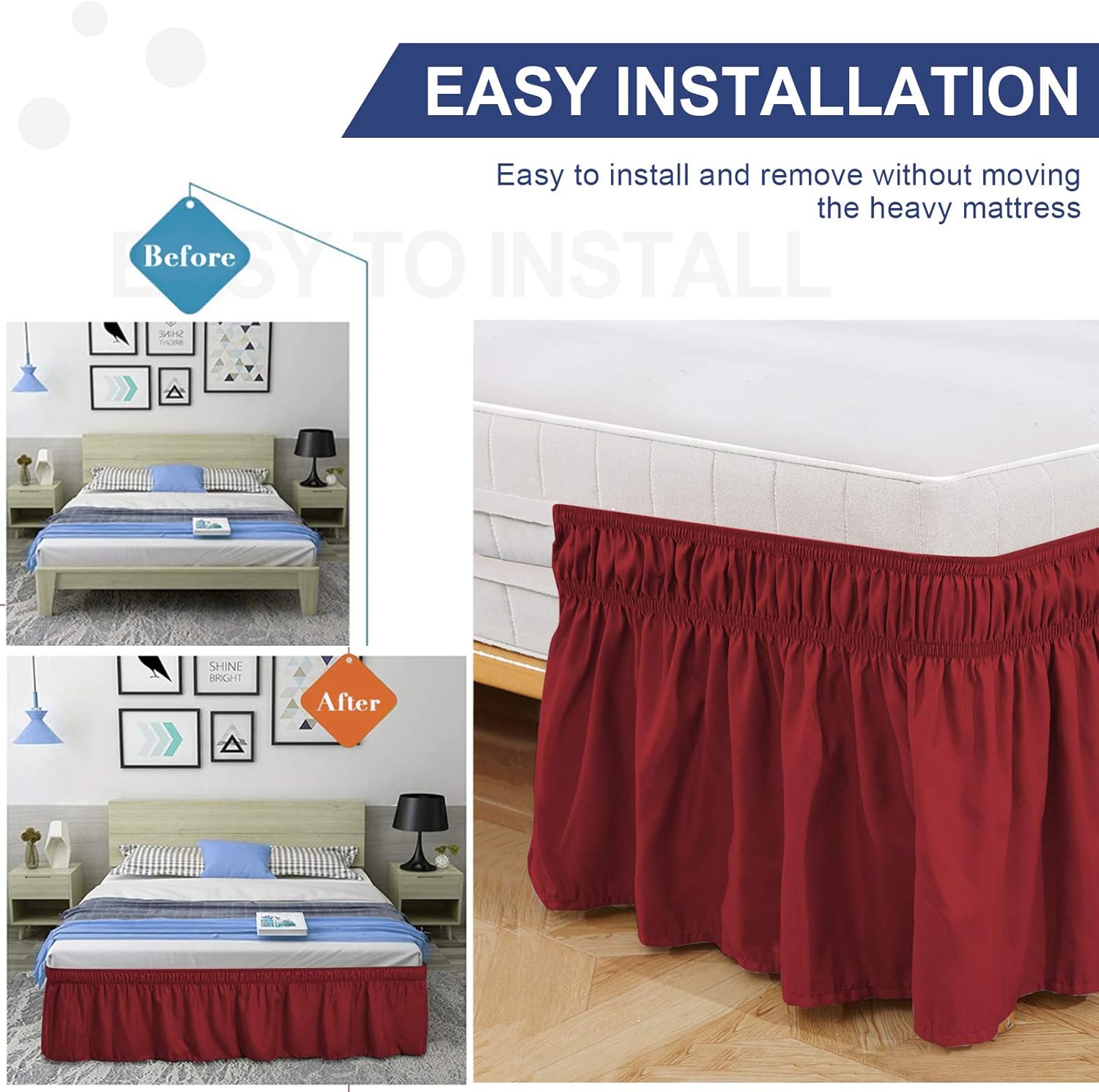BIGTONE Bed Skirt Wrap Around Elastic Dust Ruffles Solid Color Wrinkle and Fade Resistant with Adjustable Elastic Belt 15 Inch Drop,Queen Size Bed,Burgundy: Kitchen & Dining