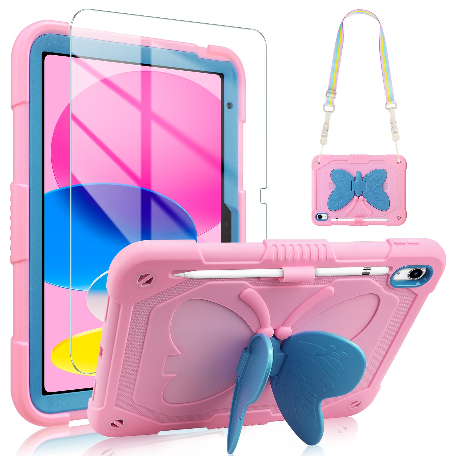 Photo 1 of VOFUOE for iPad 10th Generation Case for Kids Girls 2022 10.9'' for iPad A16 Case 11th Generation 2025 11'' with Screen Protector Shoulder Strap Butterfly Wings Stand Pencil Holder Rugged Cover-Pink