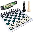 Ragyzity Portable Chess & Checkers Set, Regulation Tournament Roll-Up Staunton Chess Set with Plastic Tube Roll, 2 in 1 Travel Board Games for Adults, Folding Roll Up Chess Set Travel Chess Set(34cm)