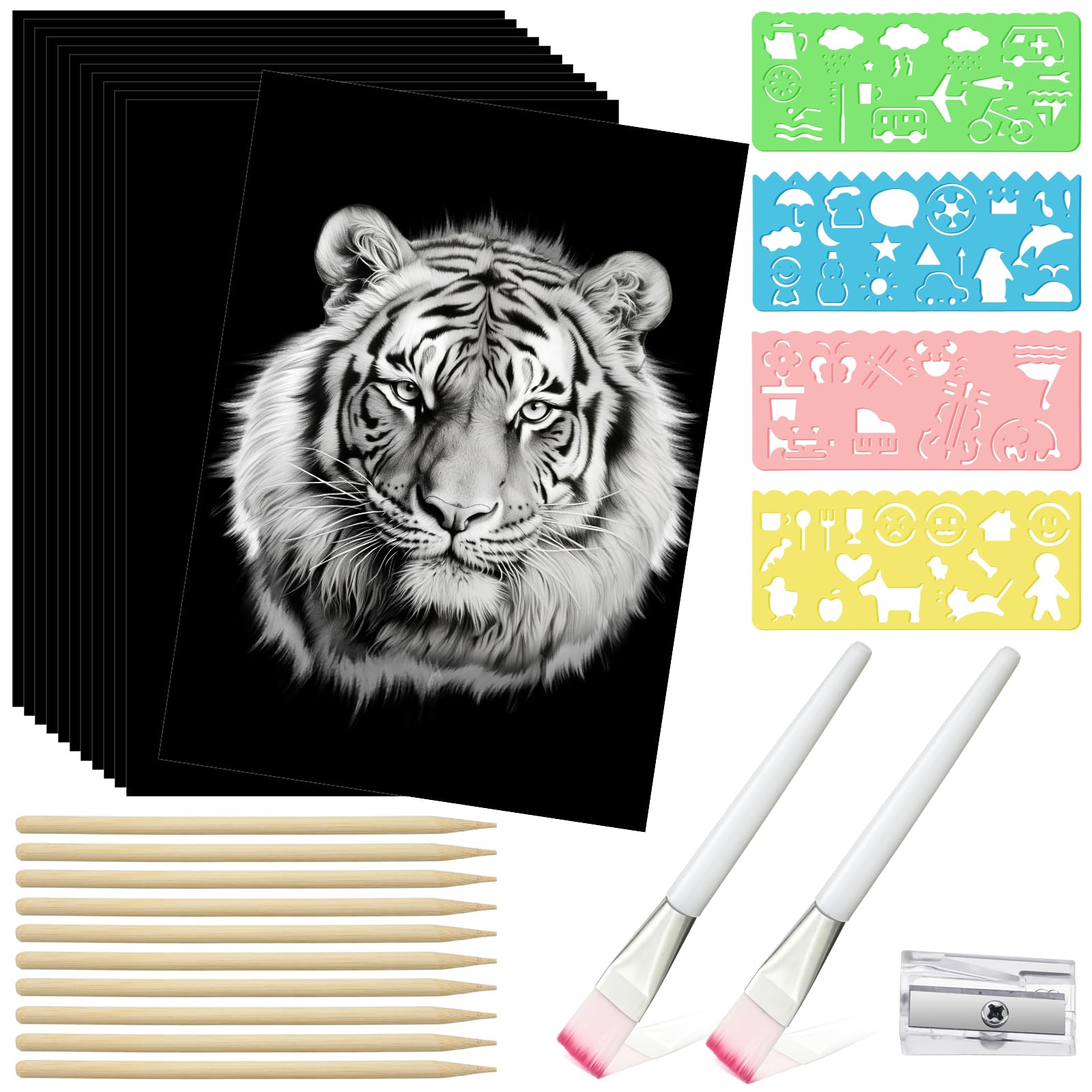 Photo 1 of Noveread 25 Sheet Black Scratch Paper Art Set 8. 5 x 11 Inch Coated Scratchboard Scratch Paper with Wooden Stylus Sharpener and Stencils DIY Painting Art for Adults
