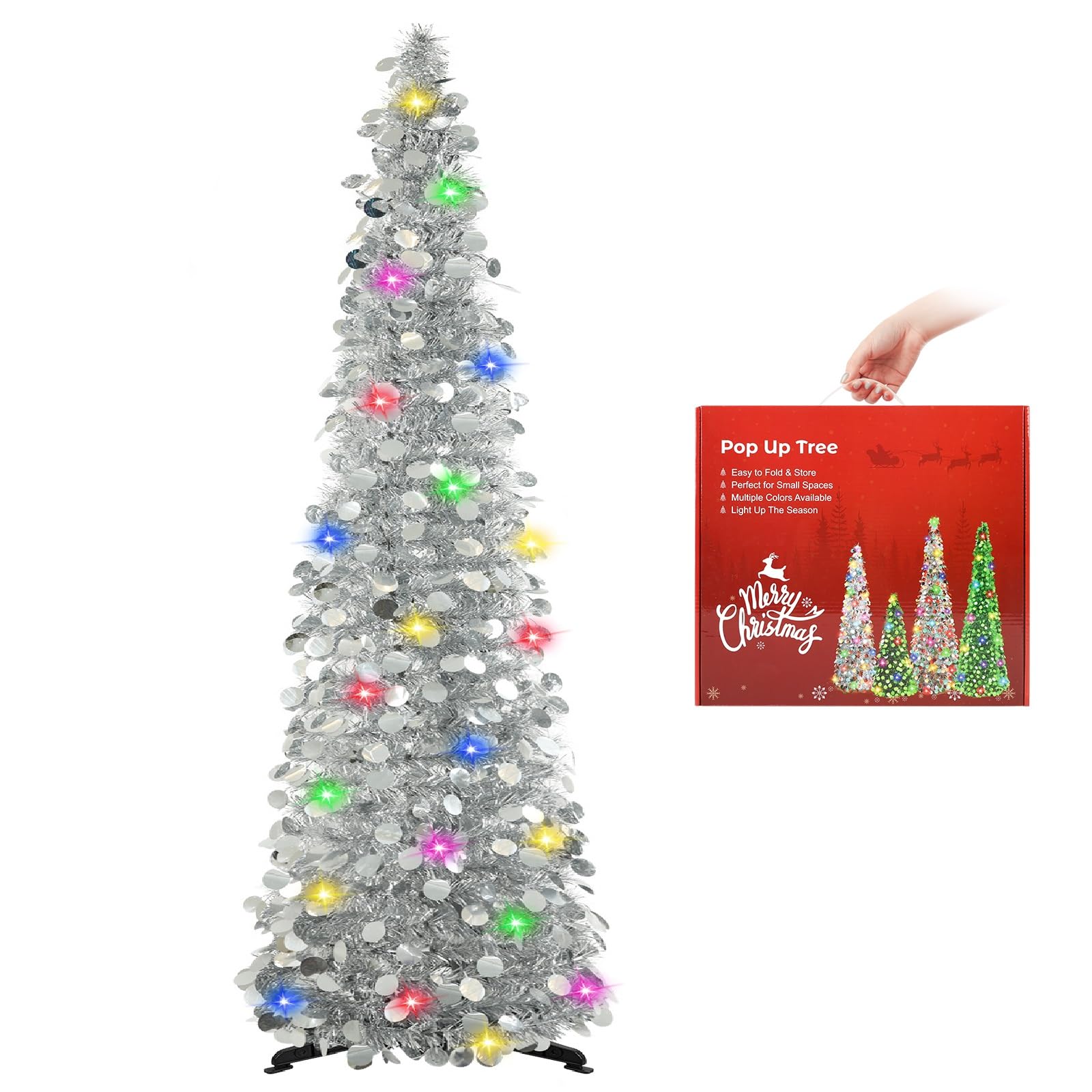 N&T NIETING 5ft Collapsible Pop Up Christmas Tree - Silver Tinsel Colored Tinsel Coastal Tree for Holiday Xmas Decorations, Home Display, Office Decor