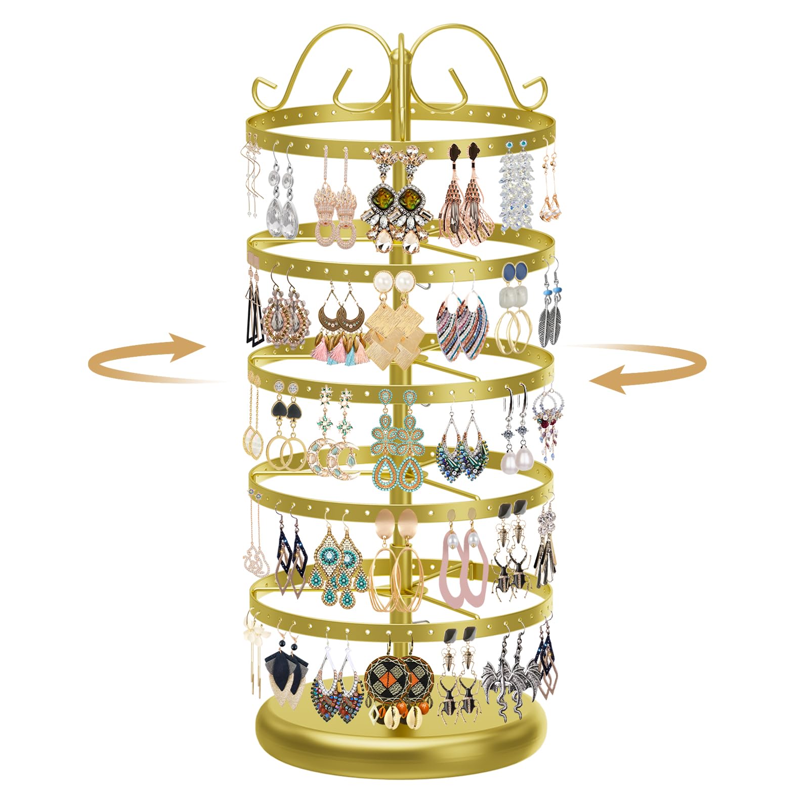 Photo 1 of MODOWEY 5 Tiers Metal Rotating Earring Holder Organizer Stand Adjustable Display Tree, 220 Holes Large Carousel Rack for Stud Hoop Pierced Dangling Women Girls, Perfect View for All Earrings(Gold)