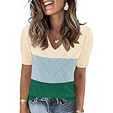 LOMON Womens Sweaters Puff Short Sleeve Lightweight Knit Summer Fall Tops Dressy V-Neck Work Blouses Business Casual Outfits