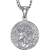 MOO&LEE Mens Stainless Steel Crown of Thorns Head of Jesus Christ Pendant Necklace Round Medal Prayer Coin Pendant with Link Chain