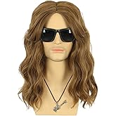 VGbeaty Men Women Long Curly Brown Wig 70s 80s California Hard Rocker Wig Halloween Costume Cosplay Anime Wig