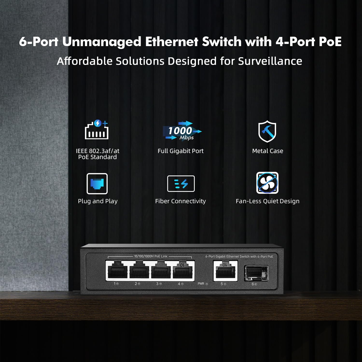 YuLinca 6 Port Mini Gigabit PoE Switch mit 4 PoE+ Port, 1 Gigaibt RJ45 Uplink, 1 Gigabit SFP, IEEE802.3af/at, Max 65W, Metall Lüfterloser Plug & Play Ethernet Switch 2