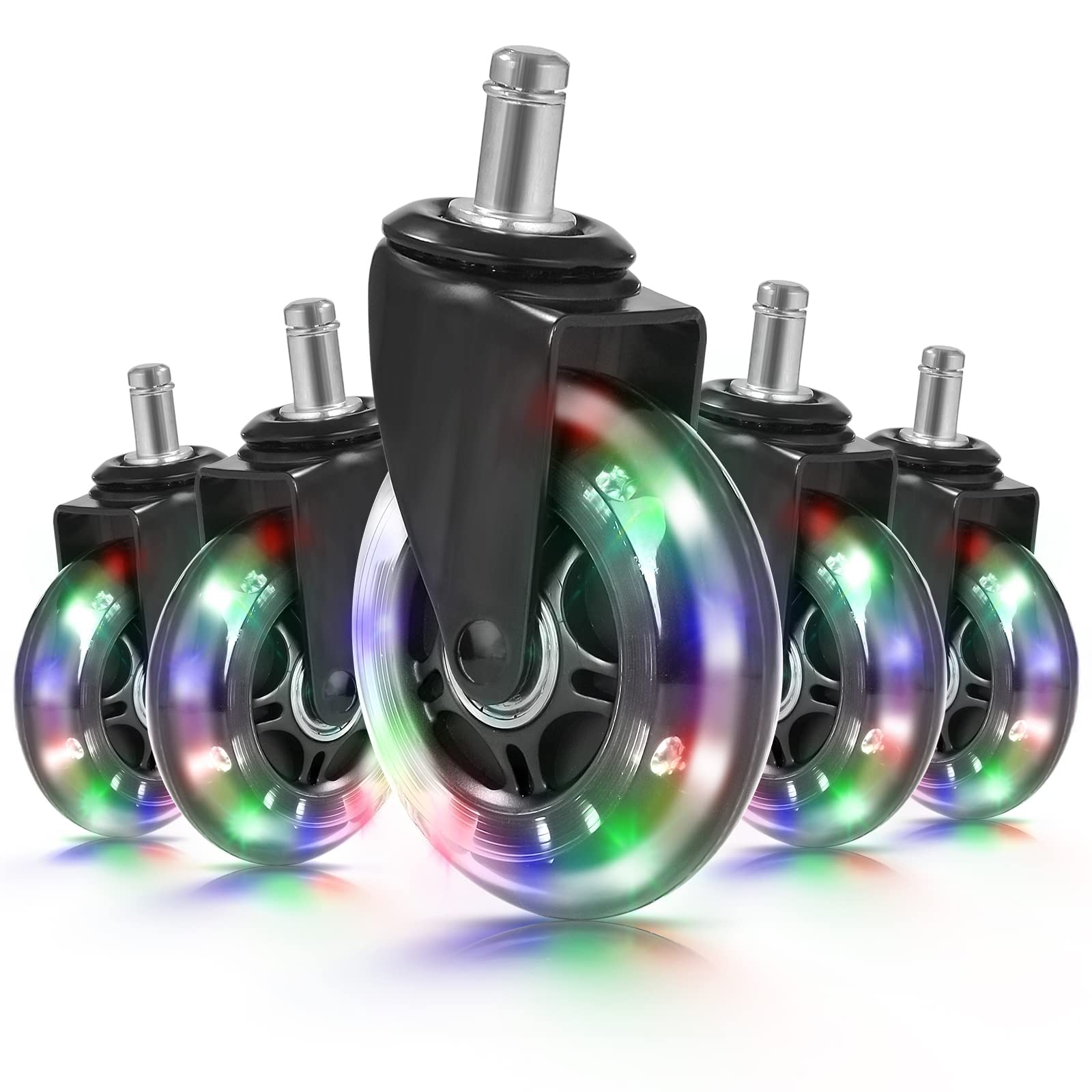 Office Chair Castors, Set of 5 Heavy Duty Replacement Swivel Wheels with RGB Color Changing Lights - Universal Fit for Hardwood, Tiles, and Carpet - 11 x22 mm Quiet Rolling Castors for Standard Chairs