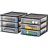 IRIS USA Plastic Stacking Desk Top 3-Drawer Storage Organizer, 2-Pack, for Makeup Vanity Nail Polish Bathroom Stationery Art Craft Supplies Kitchen Office Garage and Small Organization, Medium, Black