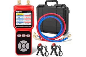 Rogvoc Digital Manifold Pressure Tester Gauge for HVAC, 2-Way AC Pressure Gauges with 2 Thermometer Clamps and 2 Hoses for Air Conditioner Performance Testing