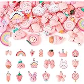 Beadthoven 38pcs 19 Styles Resin Charms: Pink Rabbit Cake Sunflower Bowknot Mini Cute Animal Food Fruit Dangle Charms for Jewelry Making