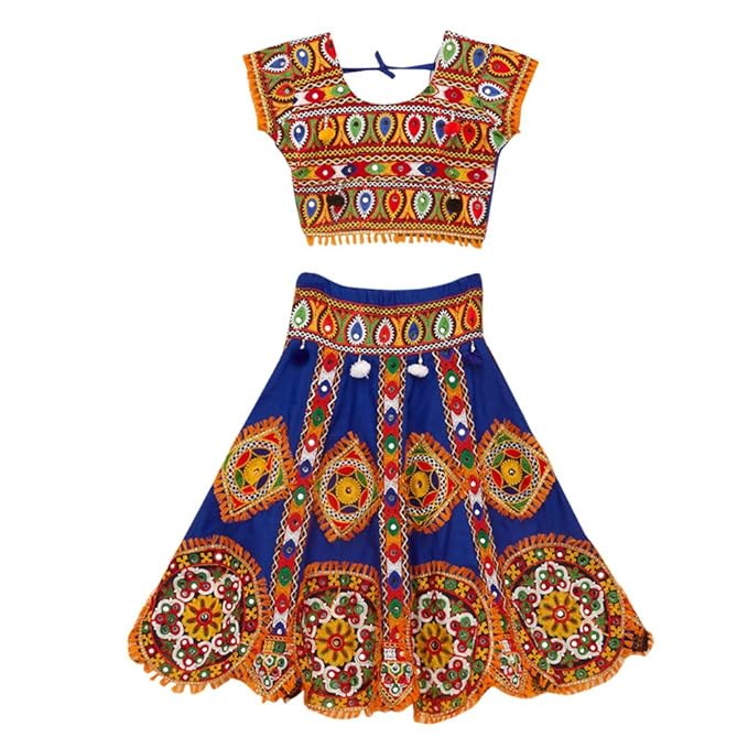 Banjara By Hopscotch Girls 100% Cotton Kutchi Embroidered Chaniya Choli in Blue Color