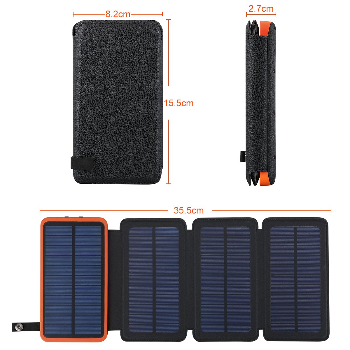 FLOUREON 10,000mAh Solar Charger Power Bank with 1+3PCS Solar Panels Portable Solar Powered Phone Charger IP67 Waterproof LED SOS Flashlight (Orange)