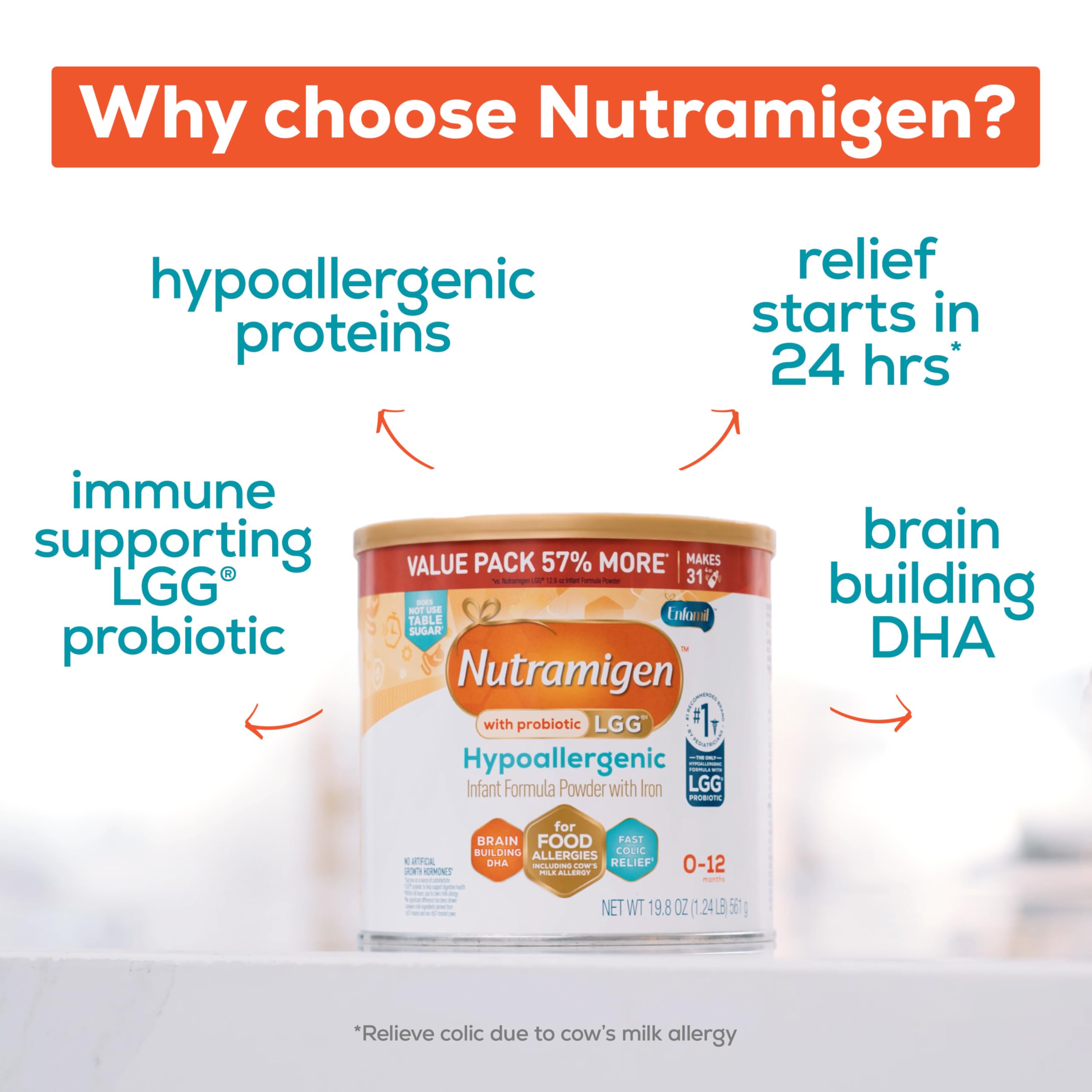 Enfamil Nutramigen Hypoallergenic Baby Formula with Iron, Lactose Free, Colic Relief from Cow's Milk Allergy Starts in 24 Hours, Brain Building DHA, Probiotic LGG for Immune Support, 19.8 Oz Can