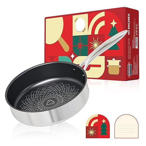 Sunhouse Titanium-Coated Tri-Ply Stainless Steel Pan, 10 inch frying pan, Non-Toxic, PFAS PFOA & PTFE Free, Oven Safe, Compatible with All Cooktops, Perfect Gifts for Mom or Dad, Premium gift box