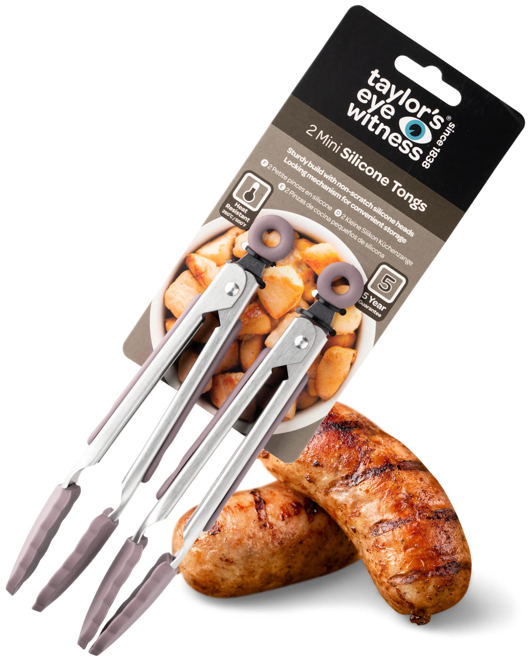 Taylors Eye Witness 2 Small Steel Berry Silicone Tongs - Dishwasher Safe. Sturdy Build, Non-Scratch Heads, Convenient Locking Mechanism. Odour, Stain & Heat Resistant (260°C/500°F). 5 Year Guarantee