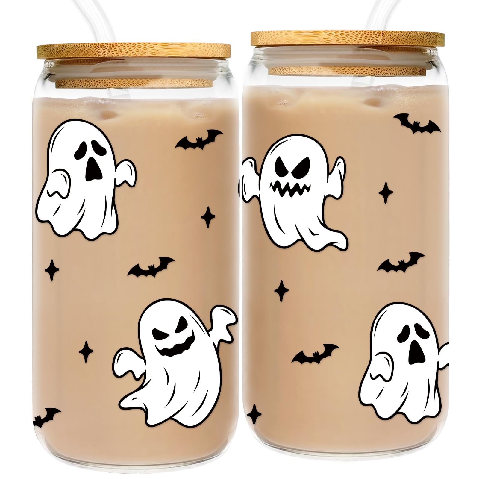 Photo 1 of 1 piece Halloween Cup for Women - 16oz Ghost Glass Cup with Lid and Straw - Halloween Coffee Tumbler for Her - Horror Spooky Bat Mug for Friend Mom Coworker Boss Lady