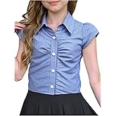 RoseSeek Girl's Striped Button Up Shirts Dressy Ruched Cap Sleeve Collared Blouses