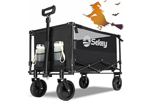 Sekey Collapsible Foldable Wagon with 330lbs Weight Capacity, Heavy Duty Folding Utility Garden Cart with Big All-Terrain Beach Wheels & Drink Holders. Black