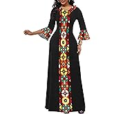 FANDEE Elegant Maxi Long V-Neck Casual Dress for Women, Bell Sleeve African Print Dresses for Cocktail Party（M-3XL）