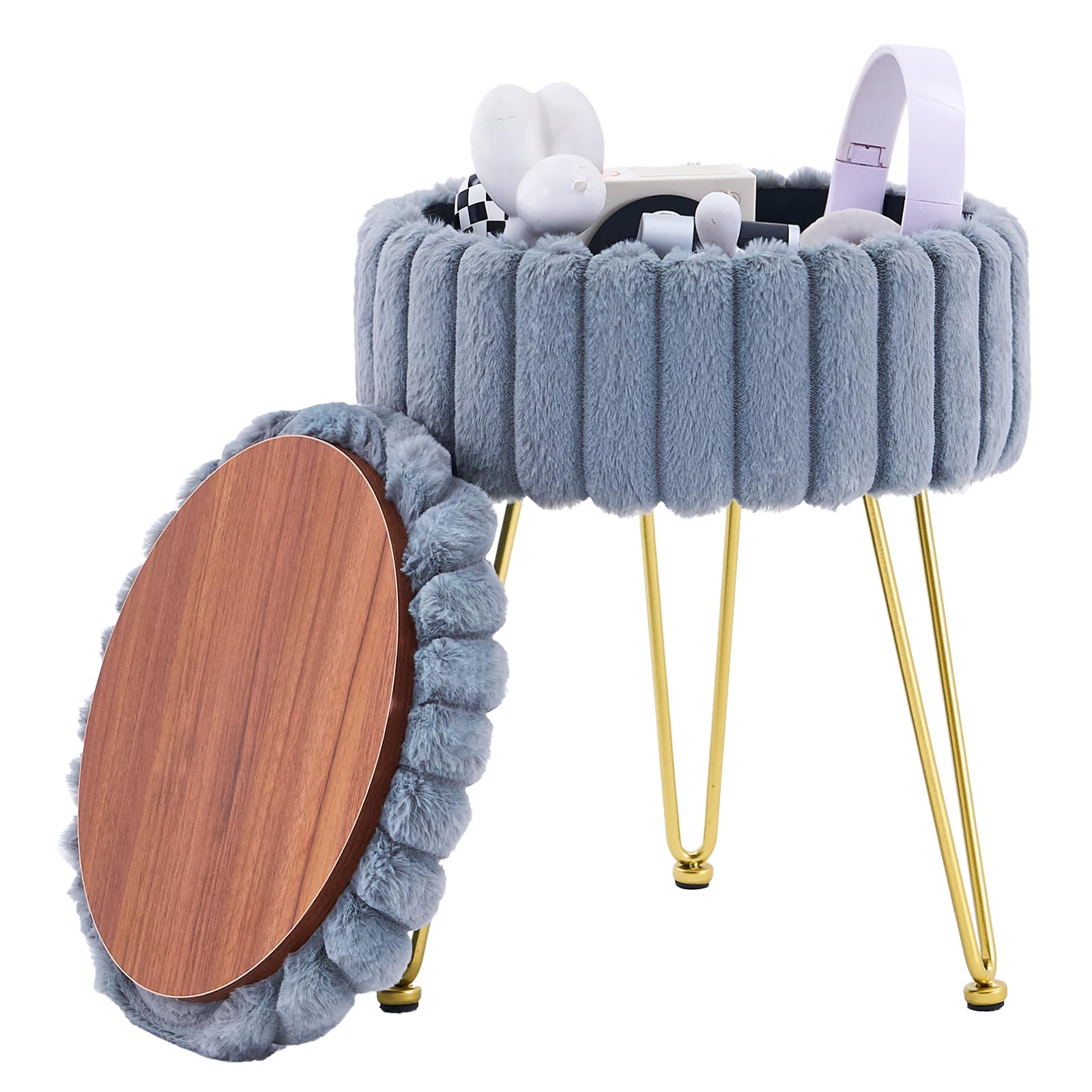 Photo 1 of Wimarsbon Round Storage Ottoman Modern Vanity Stool with Metal Legs Faux Fur Upholstery Cushioned Footstool for Extra Seating Small Side Table Footrest Stool Easy Assembly (Grey)