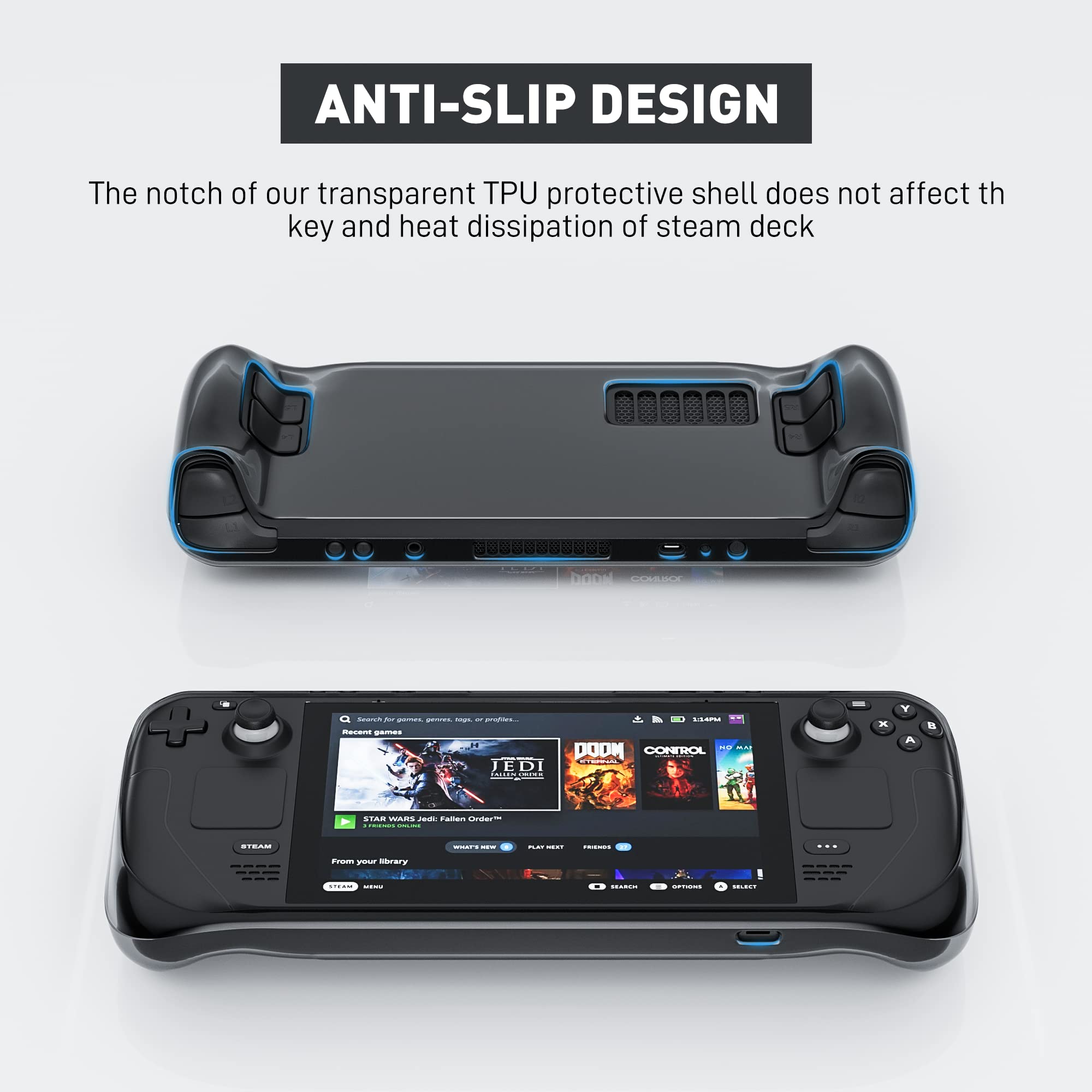 FANPL Case for Steam Deck Accessories with 2 Screen Protector Tempered Glass and 6 Thumb Grips, TPU Protective Case Cover for Steam Deck